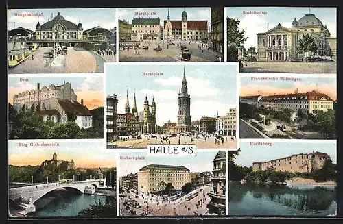 AK Halle /Saale, Stadttheater, Moritzburg und Burg Giebichenstein