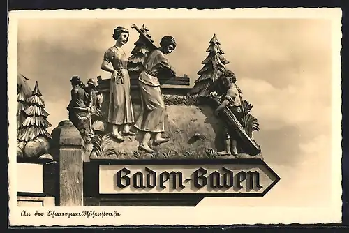 AK Wildbad, Wegweiser zwischen Wildbad und Freudenstadt in Richtung Baden-Baden