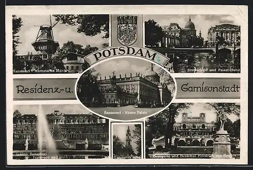 AK Potsdam, Stadtschloss und Palasthotel, Sanssouci Historische Mühle, Garnisonkirche