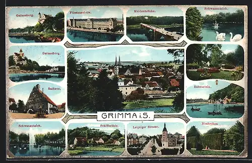 AK Grimma i. S., Gattersburg, Rathaus, Rabenstein, Leipziger Strasse