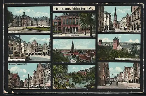 AK Münster i. W., Königl. Schloss, Dom, Universität, Lambertusbrunnen