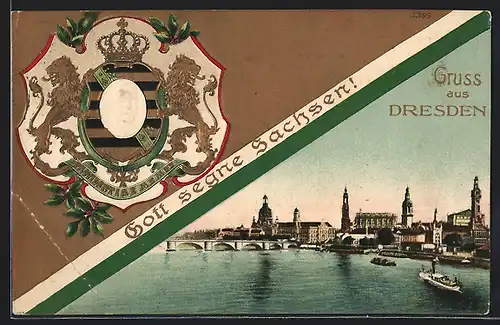 Passepartout-Lithographie Dresden, Panoramablick von der Elbe aus gesehen, Wappen