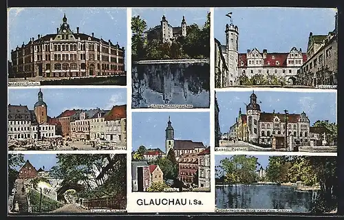 AK Glauchau, Pestalozzi-Schule, Kaiserl. Postamt, Schlosshof