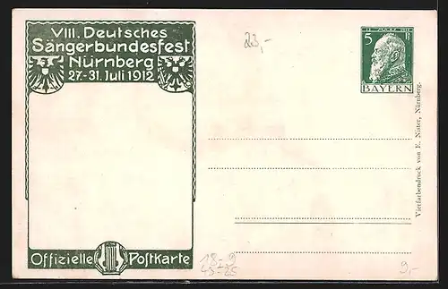 Künstler-AK Nürnberg, 8. Deutsches Sängerbundesfest 1912, Älterer Mann und Jungen mit Lauten, Ganzsache Bayern