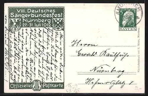 Künstler-AK Nürnberg, VIII. Deutsches Sängerbundesfest 27.-31. Juli 1912, Frau mit Harfe, Ganzsache Bayern