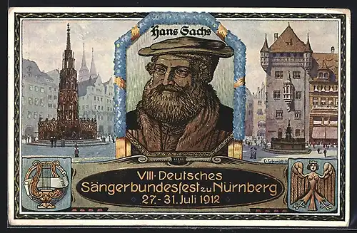 AK Nürnberg, VIII. Deutsches Sängerbundfest 1912, Hans Sachs, Harfe, Ganzsache Bayern