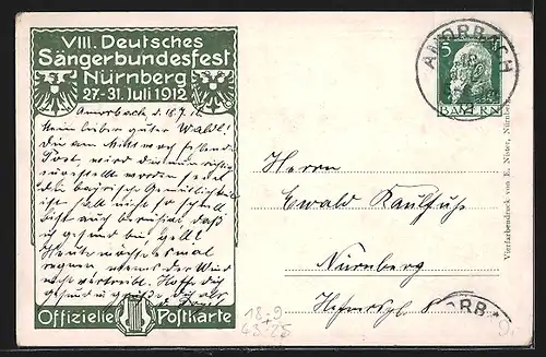 AK Nürnberg, VIII. Deutsches Sängerbundfest 1912, Hans Sachs, Harfe, Ganzsache Bayern