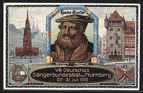 AK Nürnberg, VIII. Deutsches Sängerbundfest 1912, Hans Sachs, Harfe, Ganzsache Bayern