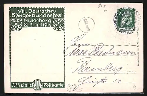 AK Nürnberg, VIII. Deutsches Sängerbundfest 1912, Hans Sachs, Harfe, Ganzsache Bayern
