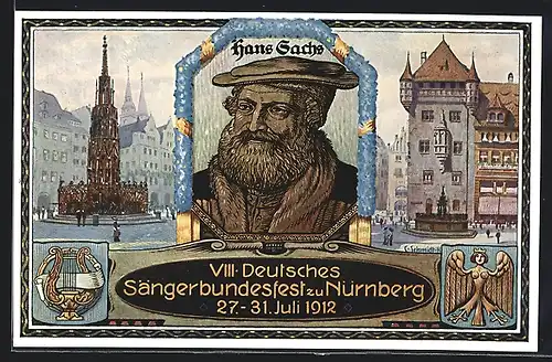 AK Nürnberg, VIII. Deutsches Sängerbundfest 1912, Hans Sachs, Harfe, Ganzsache Bayern