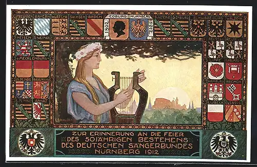 Künstler-AK Nürnberg, VIII. Deutsches Sängerbundesfest 27.-31. Juli 1912, Frau mit Harfe, Ganzsache Bayern