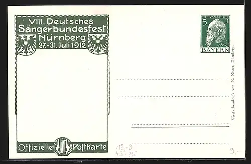 Künstler-AK Nürnberg, VIII. Deutsches Sängerbundesfest 27.-31. Juli 1912, Frau mit Harfe, Ganzsache Bayern