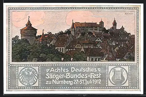 Künstler-AK Nürnberg, VIII. Deutsches Sängerbundfest 1912, Panorama, Wappen, Ganzsache Bayern