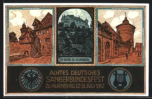 Künstler-AK Nürnberg, Achtes Deutsches Sängerbundesfest 1912, Die Burg, Ortspartien, Ganzsache Bayern