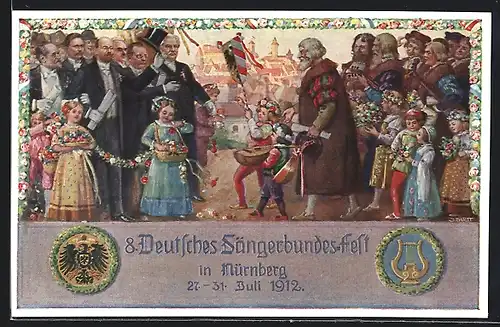 Künstler-AK Nürnberg, 8. Deutsches Sängerbundesfest 1912, Älterer Mann und Jungen mit Lauten, Ganzsache