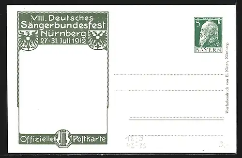 Künstler-AK Nürnberg, 8. Deutsches Sängerbundesfest 1912, Älterer Mann und Jungen mit Lauten, Ganzsache