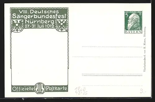 AK Nürnberg, VIII. Deutsches Sängerbundesfest 1912, Mann mit Horn, Wappen, Ganzsache Bayern
