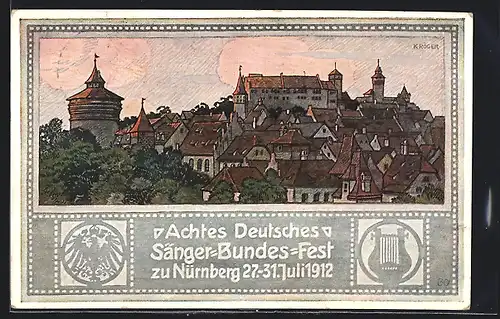 Künstler-AK Nürnberg, VIII. Deutsches Sängerbundesfest 1912, Panorama, Wappen, Ganzsache Bayern