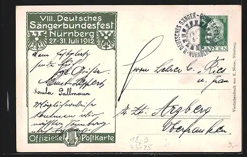 Künstler-AK Nürnberg, VIII. Deutsches Sängerbundesfest 1912, Panorama, Wappen, Ganzsache Bayern