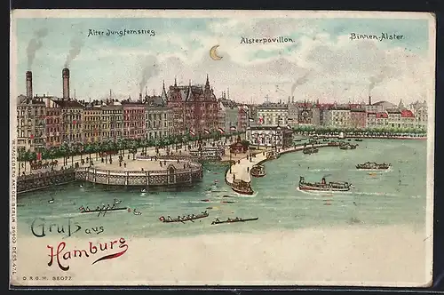 Lithographie Hamburg, Alter Jungfernsteig m. Alsterpavillon und Binnen-Alster, Halt gegen das Licht mit leuchtendem Mond