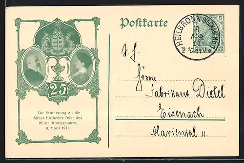 AK Erinnerung an die Silber-Hochzeits-Feier des Württ. Königspaares 1911, Ganzsache