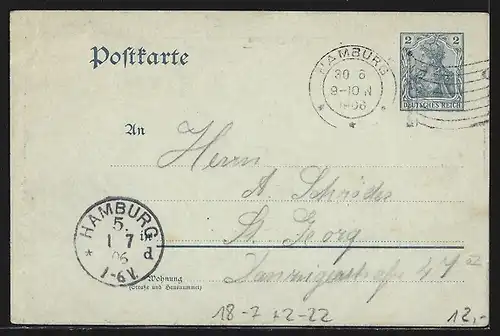 Künstler-AK Hamburg, Letzte Grüsse auf der letzten 2 Pfg. Postkarte, 1906, Ganzsache