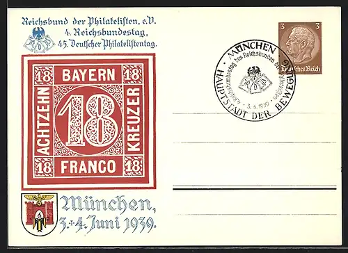 AK München, 4. Reichsbundestag der Philatelisten & 45. Deutscher Philatelistentag 1939, Wappen, Ganzsache