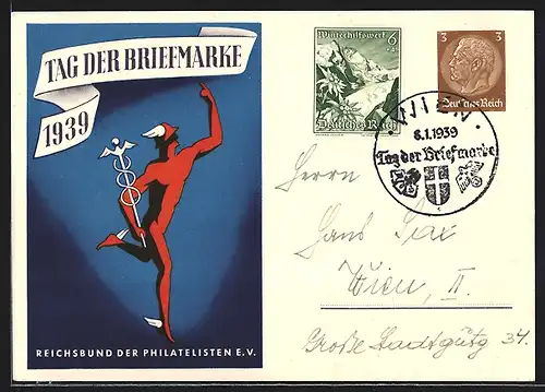 AK Tag der Briefmarke 1939, Hermes, Ausstellung, Ganzsache