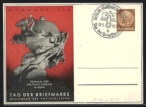AK Bern, Tag der Briefmarke 9. Januar 1938, Denkmal des Weltpostvereins, Ganzsache