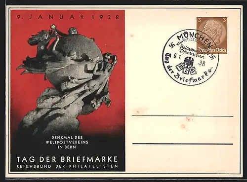 AK Bern, Tag der Briefmarke 9. Januar 1938, Denkmal des Weltpostvereins, Ganzsache