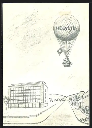 Künstler-AK Wettingen, Ballonaufstieg anlässlich der Rathauseinweihung 1959, Ballonpost mit Stempel