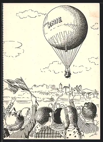 Künstler-AK Ballonpost, Mollis, Anwohner winken einem Ballon des Circus Knie zu, Stempel