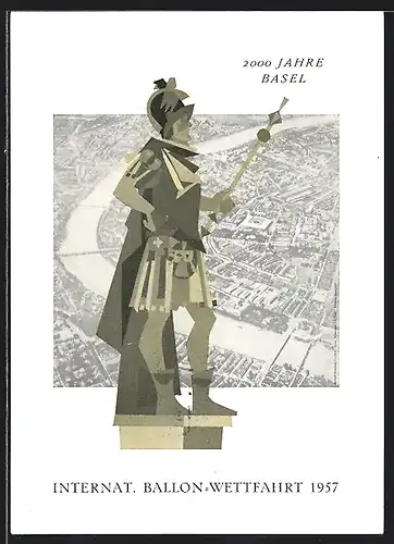 AK Basel, Internationale Ballon-Wettfahrt 1957, Ballonpost mit Stempel