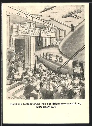 Künstler-AK Düsseldorf, Briefmarken-Ausstellung 1936, Luftpostgrüsse, Ganzsache