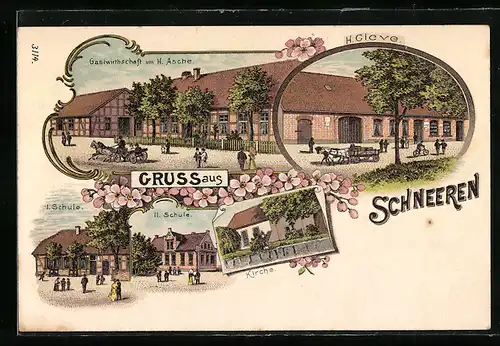 Lithographie Schneeren, Gasthaus von H. Asche, Kirche, Schule, Gehöft H. Cleve