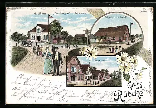 Lithographie Rübcke, Gasthaus zur Piepe, Prigges Gasthof, Hauptstrasse