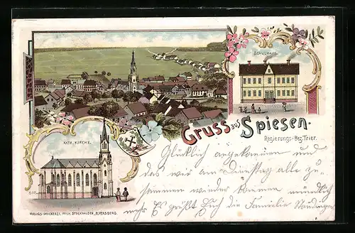 Lithographie Spiesen, Ortsansicht aus der Vogelschau, Schulhaus und katholische Kirche