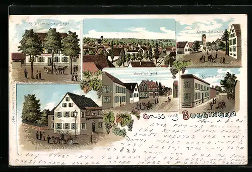 Lithographie Buggingen, Restauration zur Linde, Brauerei Sutter, Haus Fünfgeld, Gasthaus zur Krone, Kirche u. Schulhaus