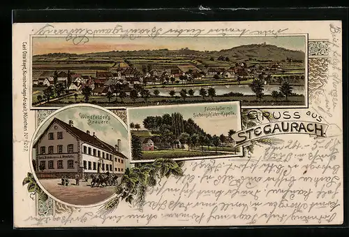 Lithographie Stegaurach, Felsenkeller mit Siebenschläfer-Kapelle, Windfelder`s Brauerei, Panorama