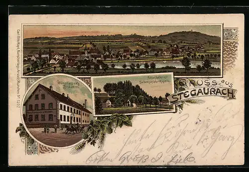 Lithographie Stegaurach, Windfelder`s Brauerei, Felsenkeller mit Siebenschläfer-Kapelle
