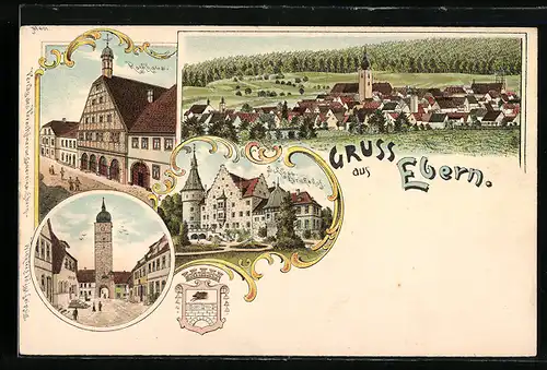 Lithographie Ebern, Schloss Eyrichshof, Rathaus, Ortsansicht mit Kirche, Wappen