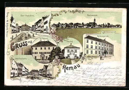 Lithographie Hemau, Ober-Stadtplatz, Königliches Amtsgericht, Pfarrhof, Kgl. Rentenamt, Unter-Stadtplatz