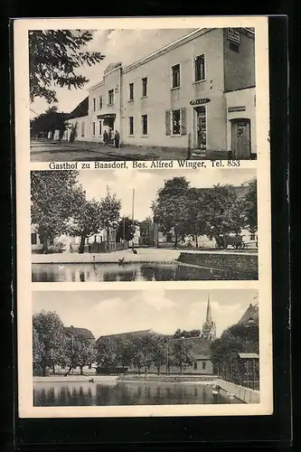 AK Baasdorf, Gasthof zu Baasdorf, Ortspartie, Blick zur Kirche