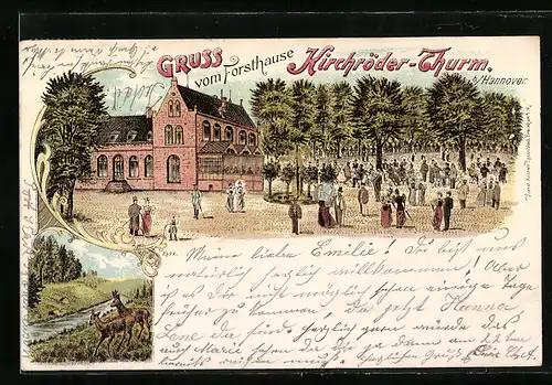 Lithographie Hannover, Forsthaus Kirchröder Turm, Wildgruppe