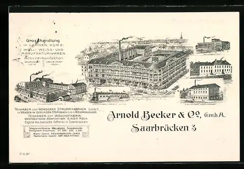 Künstler-AK Saarbrücken, Textilfabriken und Manufakturen Arnold Becker & Co. GmbA aus der Vogelschau, Zahlungsbeleg