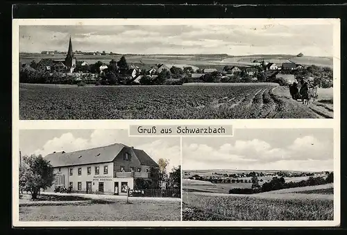 AK Schwarzbach über Rochlitz, Materialwaren M. Hentschel, Gesamtansicht mit Feldweg und Fuhrwerk