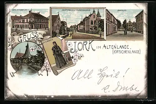 Lithographie Jork /Altes Land, Hotel Altländer Hof, Hauptstrasse mit Sparkasse, Altländerin