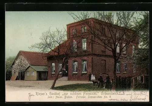 AK Grünendeich bei Steinkirchen, Riepers Gasthof zur schönen Fernsicht H. Blohm, mit Nebengebäude