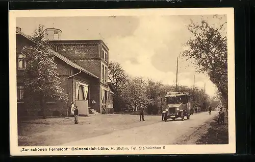 AK Grünendeich-Lühe bei Steinkirchen, Gasthof zur schönen Fernsicht H. Blohm, mit Strasse und Autobus