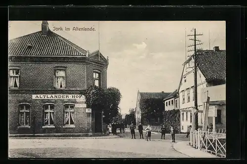 AK Jork im Altenlande, Gasthaus Altländer Hof mit Strasse, Kutsche und Knabengruppe